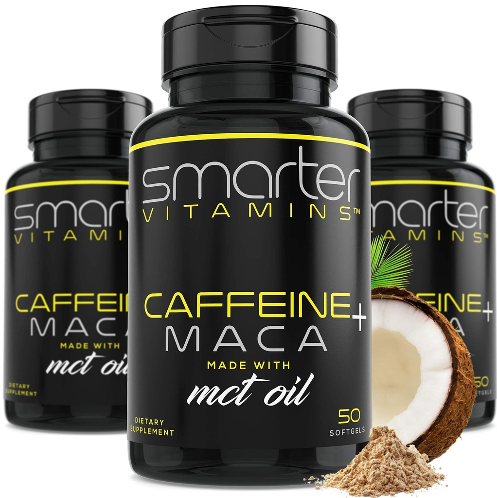 (3 Pack) Έξυπνα χάπια ενέργειας, 200mg καφεΐνη & καρύδα MCT Λάδι με ρίζα Maca, 150 υγρά Softgels