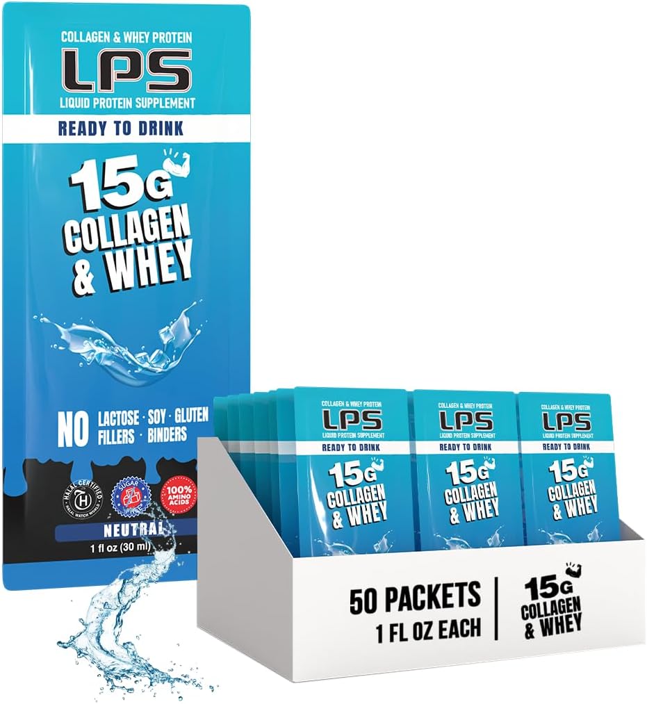 LPS Liquid Collagen & Whey Protein Supplement - Non-GMO Drink, Sugar-Free - Erkekler ve Kadınlar için Sağlıklı Cilt & Saç, Neutral, Single Serve (50 Packets)