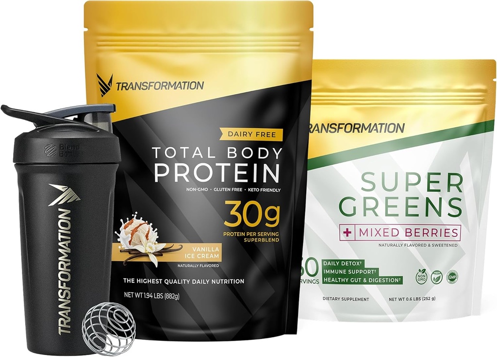 Dönüşüm Vanilla proteini Toz, Super Greens Superfood Green Juice ve Performans I Primer Şişe