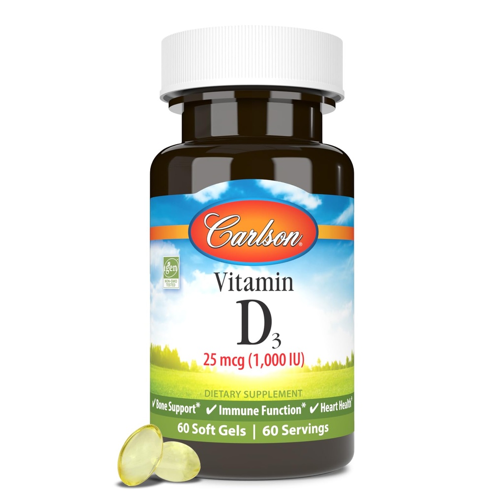 Carlson - Vitamin D3, 1000 IU (25 mcg), Bone Health, Muscle Health, Cholecalciferol, D Supplements, D3 Soft Gels, 60 Softgels