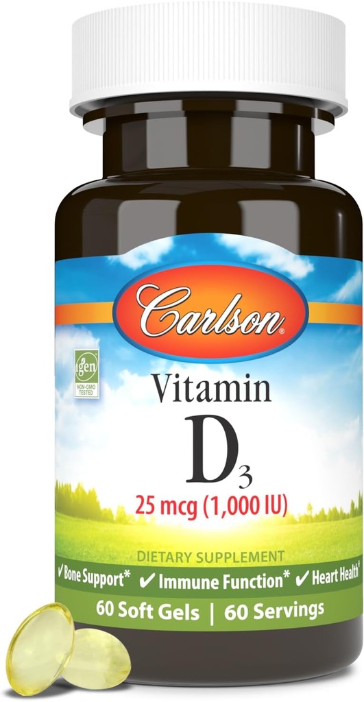 Carlson - Vitamin D3, 1000 IU (25 mcg), Bone Health, Muscle Health, Cholecalciferol, D Supplements, D3 Soft Gels, 60 Softgels