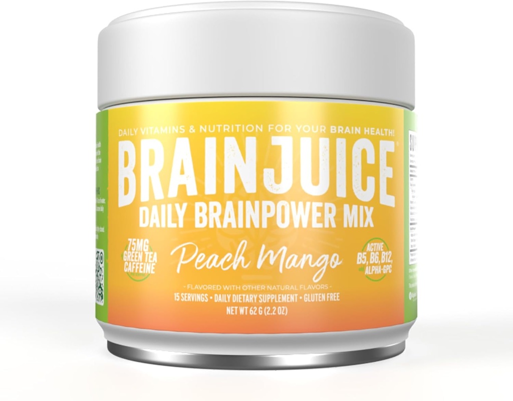 BrainJuice Nootropics συμπλήρωμα υποστήριξης εγκεφάλου, χωρίς γλουτένη σκόνη για την ενέργεια και την εστίαση, μείγμα ποτών με L Theanine, Alpha GPC, Βιταμίνη Β, Βιολογικό εκχύλισμα πράσινου τσαγιού καφεΐνη, Ροδάκινο Mango, 15 εξυπηρετούν