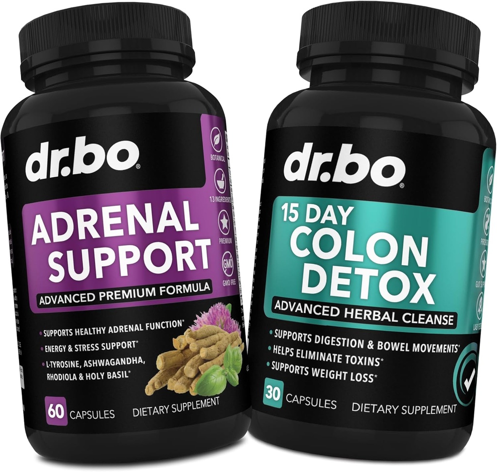 DR. BO Adrenal Support & Colon Cleanse Supplements - Ashwagandha & L Tyrosine ile Adrenal Fatigue Supplement - 15 Day Intestinal Cleanse Pills for Bowel Movement Support & Gut Stomach Cleansing