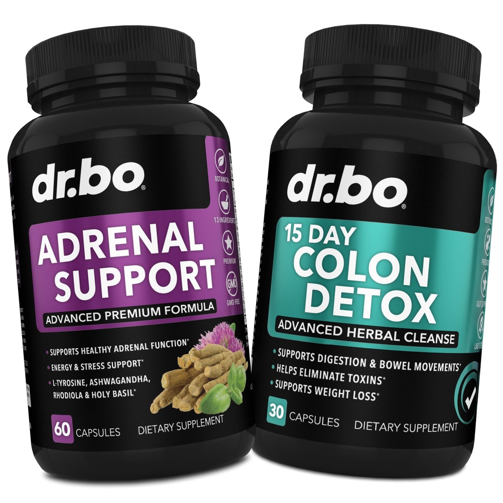 DR. BO Adrenal Support & Colon Cleanse Supplements - Ashwagandha & L Tyrosine ile Adrenal Fatigue Supplement - 15 Day Intestinal Cleanse Pills for Bowel Movement Support & Gut Stomach Cleansing