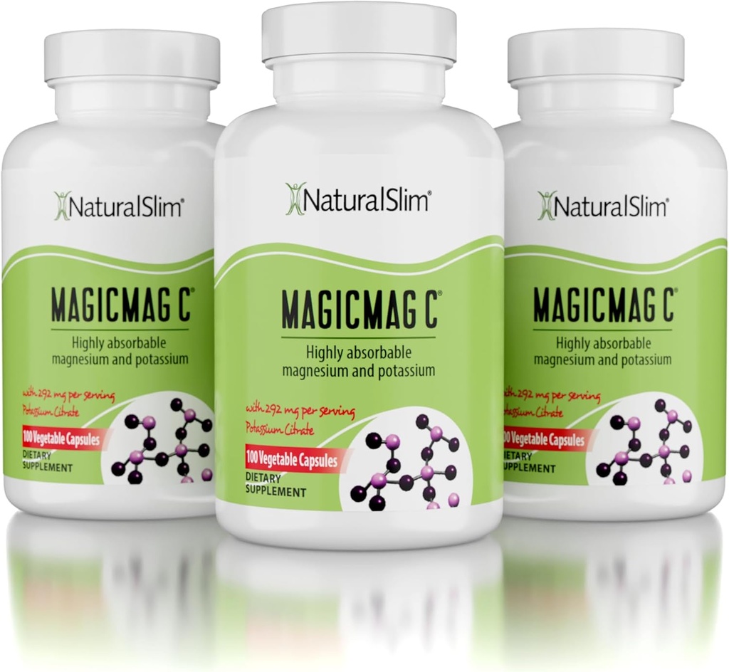 MagicMag C by NaturalSlim, Μαγνήσιο Κιτρικό με Κάλιο για τη μυϊκή χαλάρωση, την ποιότητα του ύπνου, τη λειτουργία νεύρων & ηλεκτρολυτών Υποστήριξη, ημερήσιο συμπλήρωμα μαγνησίου για άνδρες και γυναίκες, 100 κάψουλες 3pk