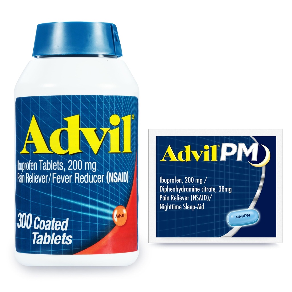 Advil Ağrı Reliever ve Ateşleme, Ibuprofen 200 mg Ağrı Yardımı - 300 Kont, Advil PM Pain Reliever ve Nighttime Sleep Aid, Ibuprofen for Pain Relief and Diphenhydramine Citrate - 2 Count