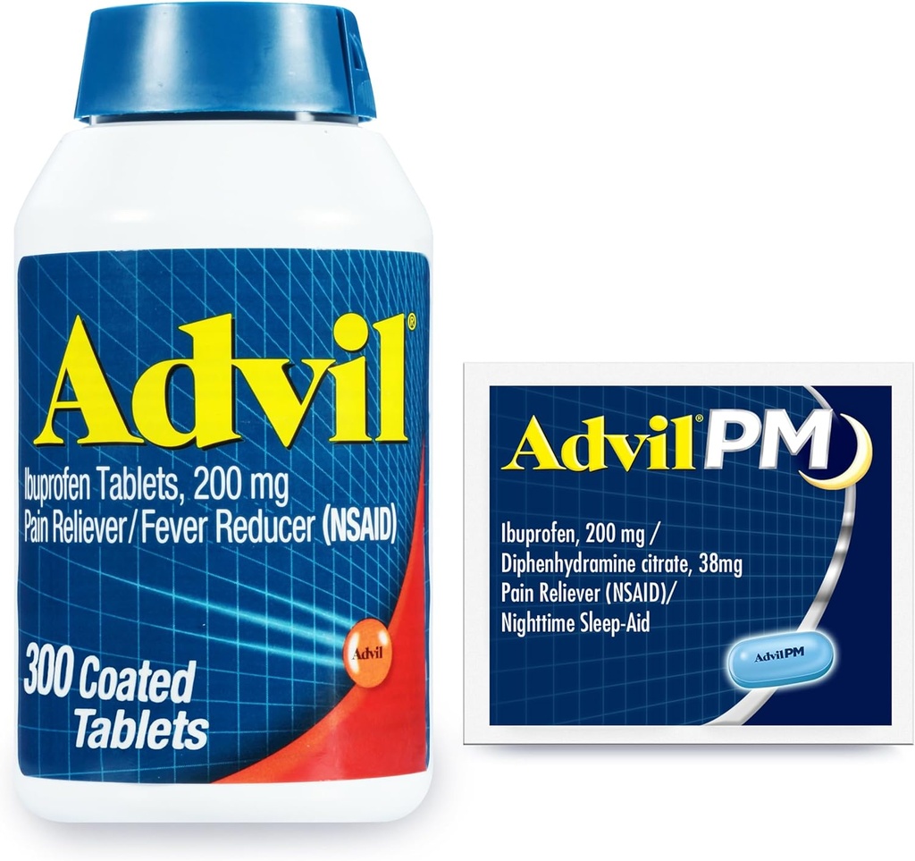 Advil Ağrı Reliever ve Ateşleme, Ibuprofen 200 mg Ağrı Yardımı - 300 Kont, Advil PM Pain Reliever ve Nighttime Sleep Aid, Ibuprofen for Pain Relief and Diphenhydramine Citrate - 2 Count