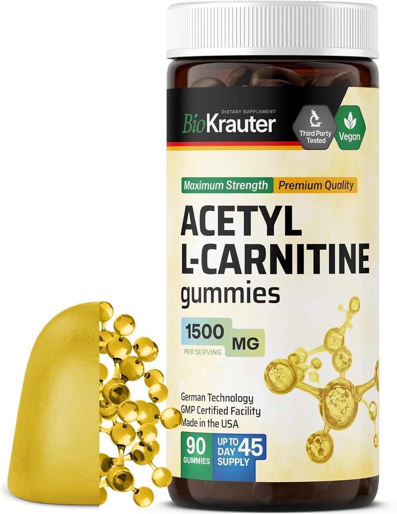 BIO KRAUTER Acetyl L Carnitine Gummies - 1500 mg Δύναμη - 90 Vegan Chews - Amino Acetyl L Acetyl Carnitine Supplement - Pectin-based, Non-GMO