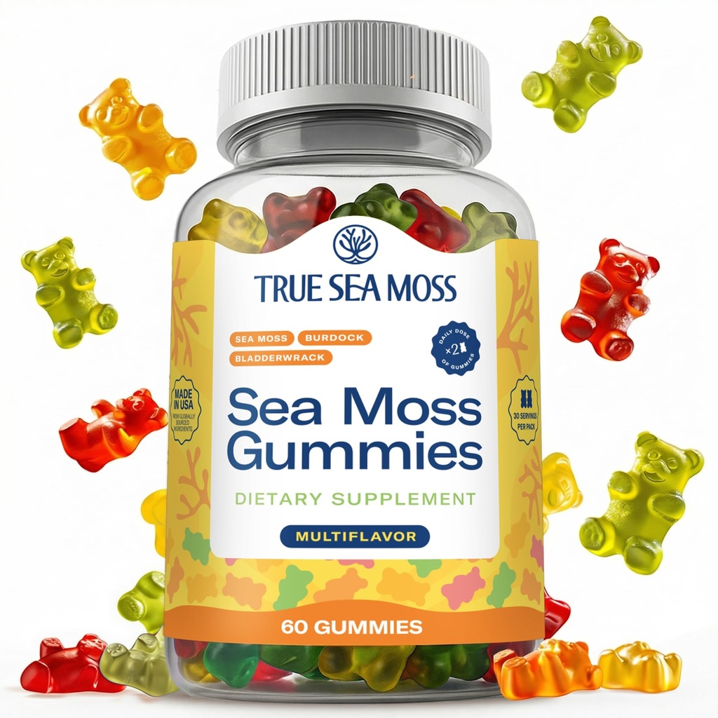 TrueSeaMoss Ιρλανδική Θάλασσα Moss Gummies με Burdock Root & Bladderwrack – Vegan Formula for Adults & Kids – Μη-GMO, Ζελατίνη-ελεύθερο, Fruit Flavor – Made in USA – 60 Gummies