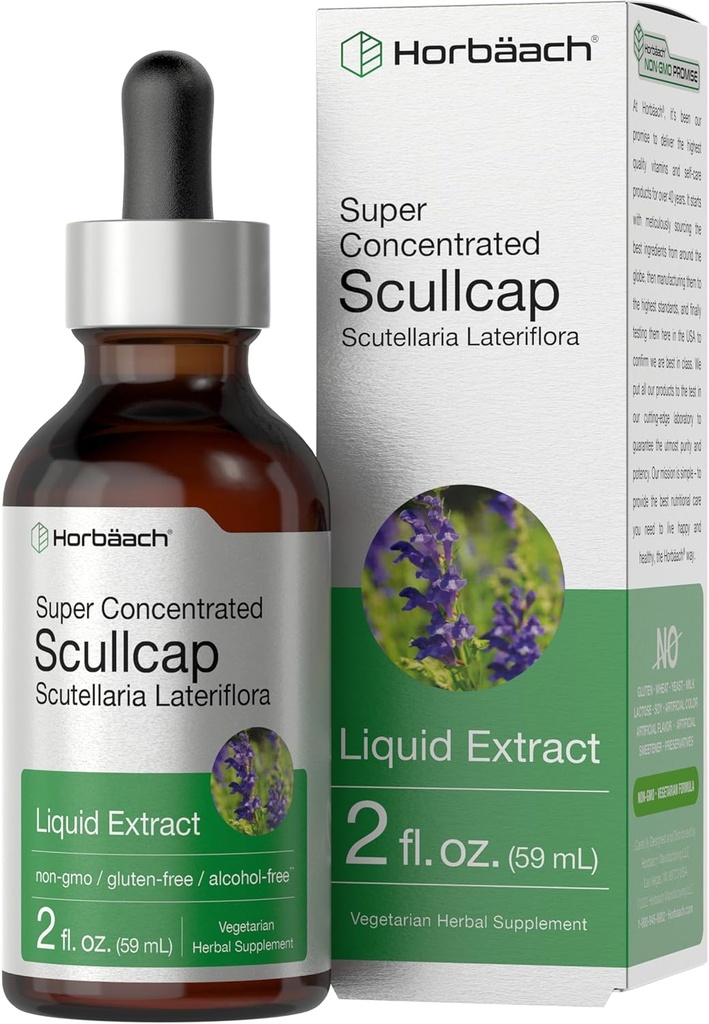 Horbaach Scullcap Herb Tincture | 2 fl oz | Sıvı Ekstralar | Scutellaria Lateriflora | Alkol Free, Vegetarian | Super Tempd Supplement | Non-GMO & Gluten Free