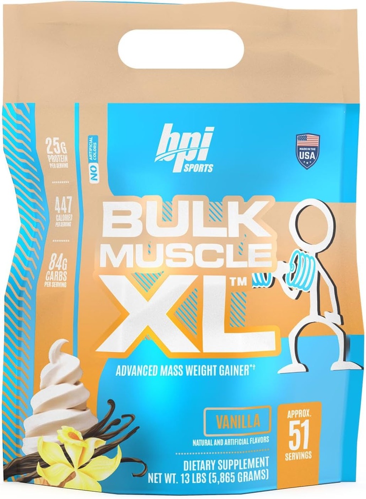BPI Αθλητισμός Μαζική Μύες XL - Advanced Μαζική Βάρος Κερδιστής για Σοβαρή Μυϊκό Κτίριο & Ανάκτηση, 25g Πρωτεΐνη & 497 θερμίδες ανά υπηρεσία - Σοκολάτα, 13lb Τσάντα (13lb, Βανίλια)