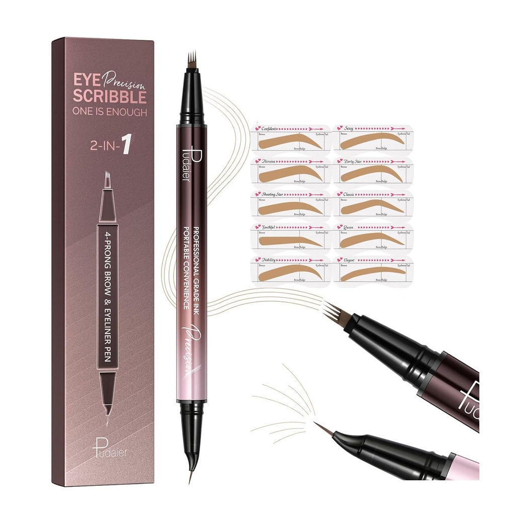 2in-1 Curved Eyebrow Pen ve Eyeliner 10Pcs Brow Stencils, Microblading Eyebrow Kalem 4 Fork-Tip ve Curved Precise Tip, Su ve Uzun Soning Eyebrow Kalems for Women, Light Pond