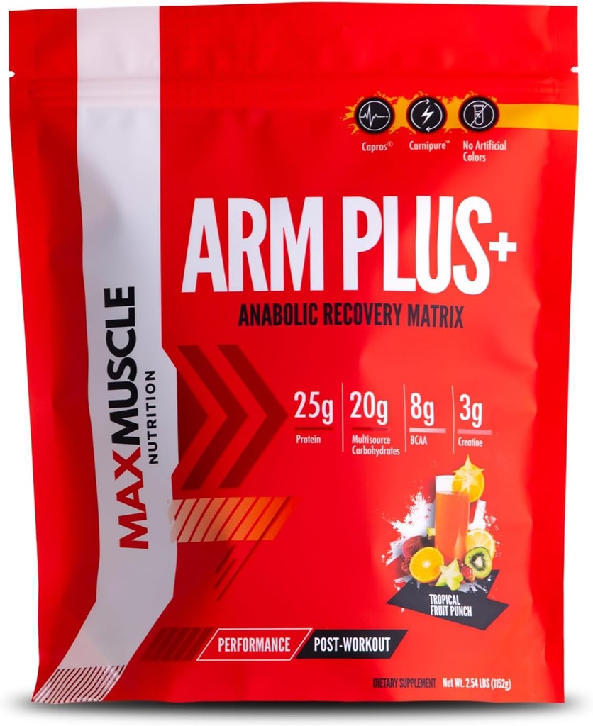 Max Muscle Arm Plus+ Erkek Kardeşliği | 25g Protein, 8g Bcaas, 3g Kretine Monohidrat | Whey Protein, Amino Asits, Antioksis, Glutamine, Elektrolytes (Tropical Punch, 2.54 lb)