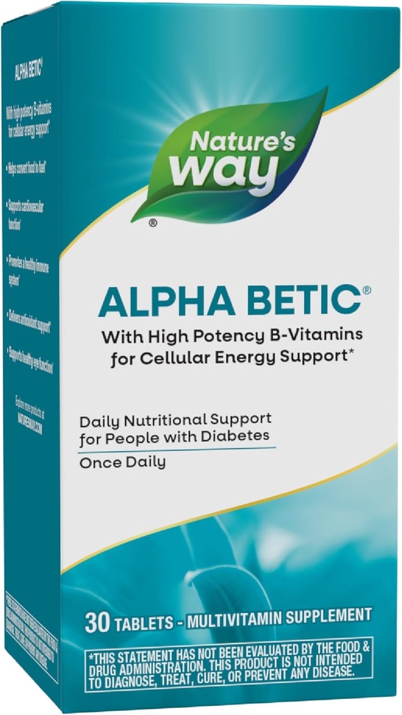 Nature's Way alfa betic, Diabetic Multivitamin for Daily Nutritional Support, B-Vitamins for Energy Metabolism Support*, Alfa Lipoic Acid, Taurine, Lutein, 30 Tabletler