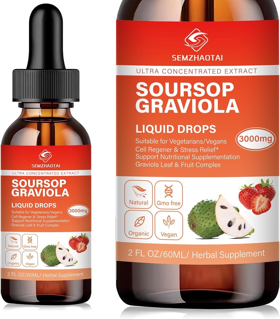 Soursop Graviola Leaf Extract & Sea Moss Liquid Drops - Hücre Desteği, Immunity Boost, Liver Health, Sleep Aid & Antisoxy - Pure Soursop Bitters, 2 Ay Supply, 2 Fl Oz (2oz, Strawberry)