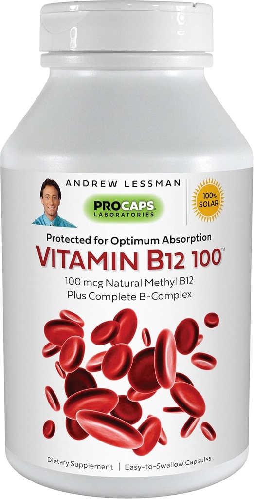 ANDREW LESS VitaminMAN B12 100 360 Capsules - Abhidrasyon- Korumalı Mekobalamin (Doğal Coenzyme Vitamin B12), Enerji ve Stres Desteği için Temel, Plus B-Complex, Swallow Capsules kolay
