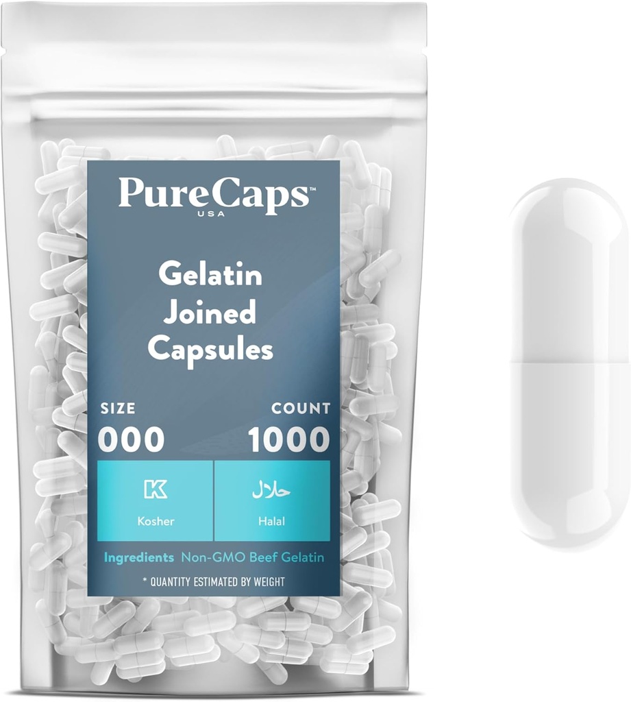 PureCaps USA - Boş Gelatin Capsules Boyut 000| 1.000 Pills| White| Non-GMO sertifikalı | SLS, Gluten, Preservative Free Free