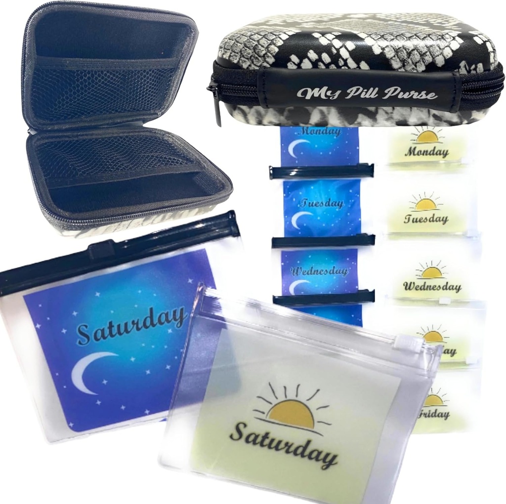 Am Pm Pill Organizer 7 Day Black/White Faux Snake Skin Medicine Storage Case Size 5.5 X 4 X 1.75 in. Med Wallet 14 Reusable Small Pill Baggies 3x4 in Pill Pouches for Medicine, Days of the Weeks