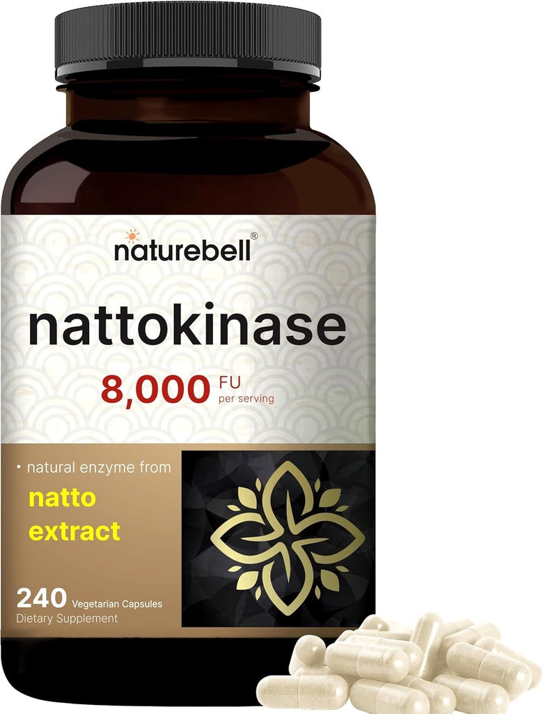 NatureBell Nattokinase Supplement 8,000 FU Per Servis, 240 Veggie Capsules | Geleneksel Natto Extract Source – Max Strength Enzyme & Heart Health Support – Non-GMO