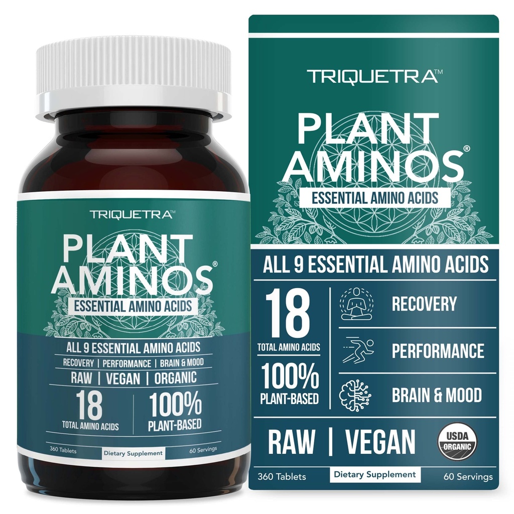 Plant Aminos Organic Essential Amino Acid Supplement (EAAs) & BCAA - 100% Φυτό Βασισμένο Ακατέργαστο, Vegan - Όλα 9 Απαραίτητα Αμινοξέα με 18 Ολικά Αμινοξέα (360 δισκία)