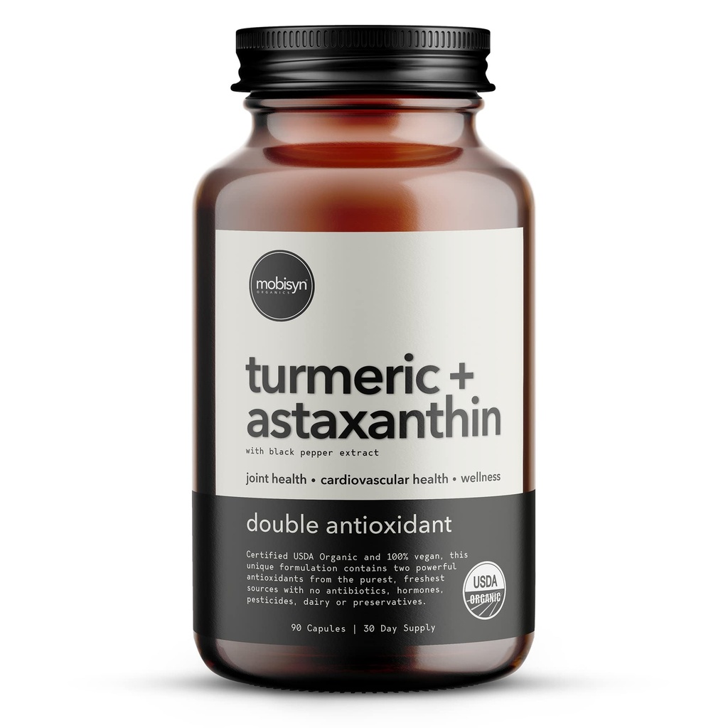 Organik Astaxanthin 12 mg Plus Turmeric 1500 mg, Black Pepper Extract, High Abors, Eye, Heart, Skin, Ortak, Vegan, Gluten-Free, Non-GMO, Double Antioksi, Turmeric Curcumin Supplement, 30-Days