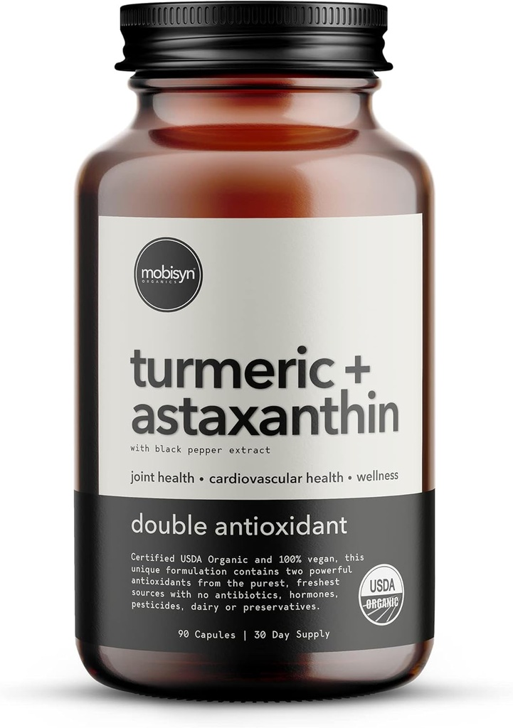 Organik Astaxanthin 12 mg Plus Turmeric 1500 mg, Black Pepper Extract, High Abors, Eye, Heart, Skin, Ortak, Vegan, Gluten-Free, Non-GMO, Double Antioksi, Turmeric Curcumin Supplement, 30-Days