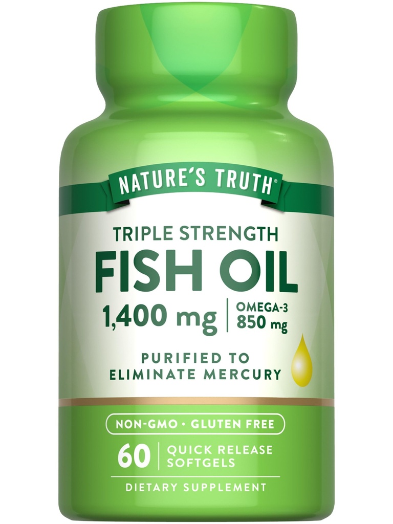 Nature's Truth Triple Strength Fish Oil Softgels | 1400 mg | 60 Count | Active Omega 3 | Non-GMO & Gluten Free Supplement Supplement