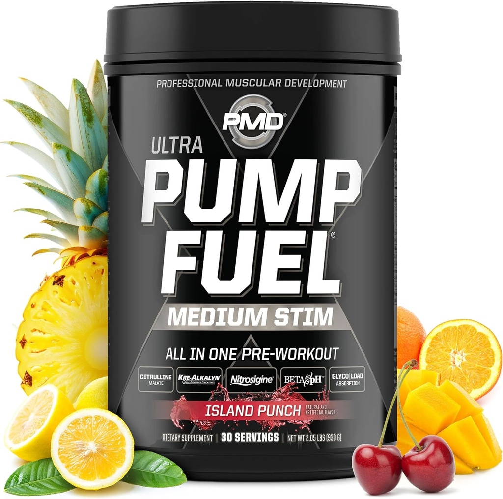 Αθλήματα PMD αντλία καυσίμου Ultra Medium Stim - Premium Pre προπόνηση σκόνη & μυϊκή αντλία, μεγαλύτερη εστίαση, αντοχή & ανάκτηση, Premium Creatine, Arginine & Beta Alanine - Island Punch (30 εξυπηρετήσεις)