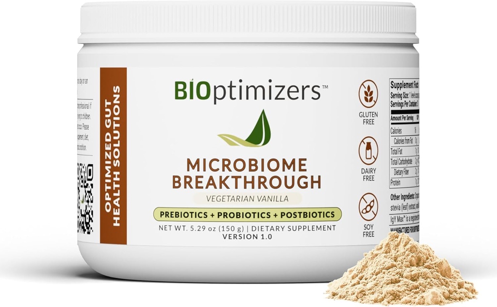 Microbiome BreakthroughTM Gut Support Toz – Vejetaryen Vanilla – Probiyotikler, Prebiyotikler ve IgY Max® – L-Glutamine Kaynağı – Supports Digestive Comfort, Gas & Bloating Relief 30 Hizmetler*