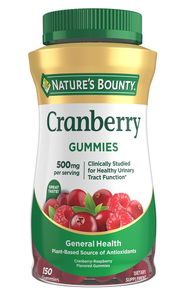 Nature's Bounty Cranberry Gummies, Urinary Tract Support, 500 mg, Cran-Raspberry Flavor, 150 Ctt