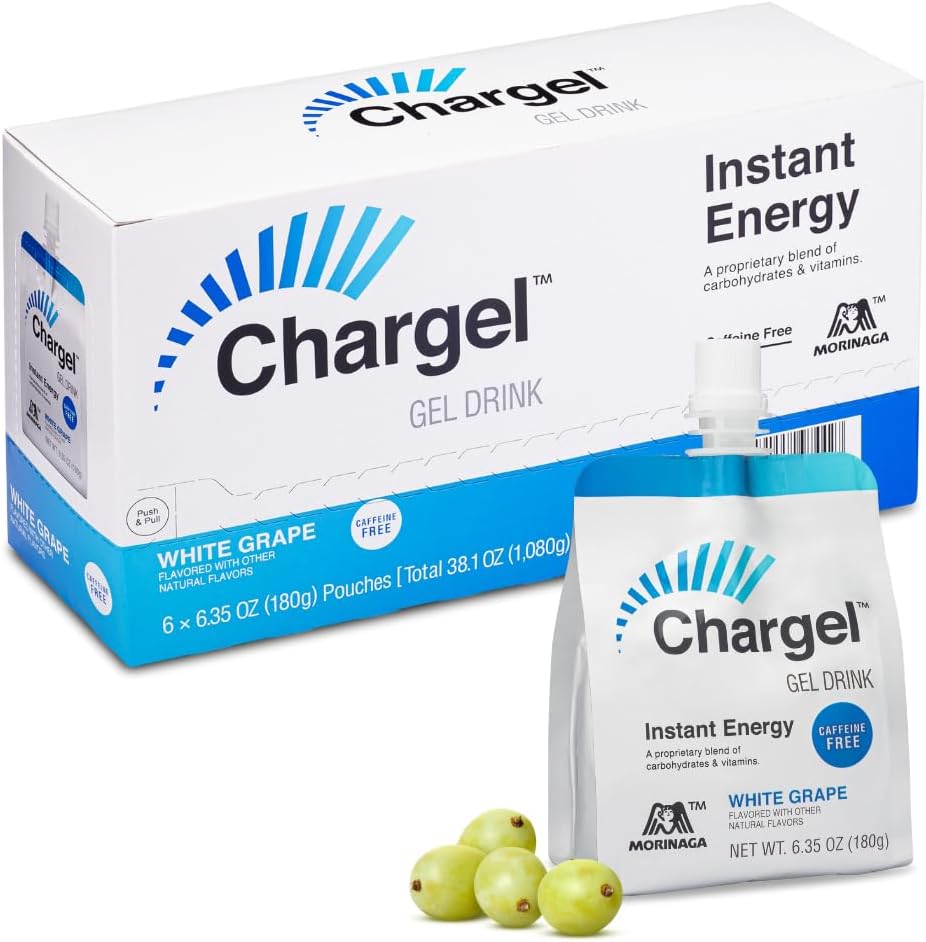 Chargel White Grape, Caffeine-Free Instant Energy Gel Running, Biking, Workout, Hiking Essentials for Women & Men, Gifts for Runners - Carbs Vitamins, Gluten Free - Pack of 6 Gels - 6.35oz Each