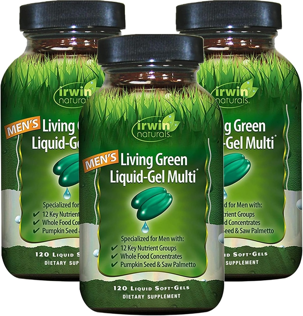 Irwin Naturals Men's Living Green Liquid-Gel Multi - 70 Essential Nutrients, Full-Spectrum Vitamins, Wholefood Blend - Στοχευμένη Adrenal & Brain Support - 120 Liquid Softgels (Pack of 3)