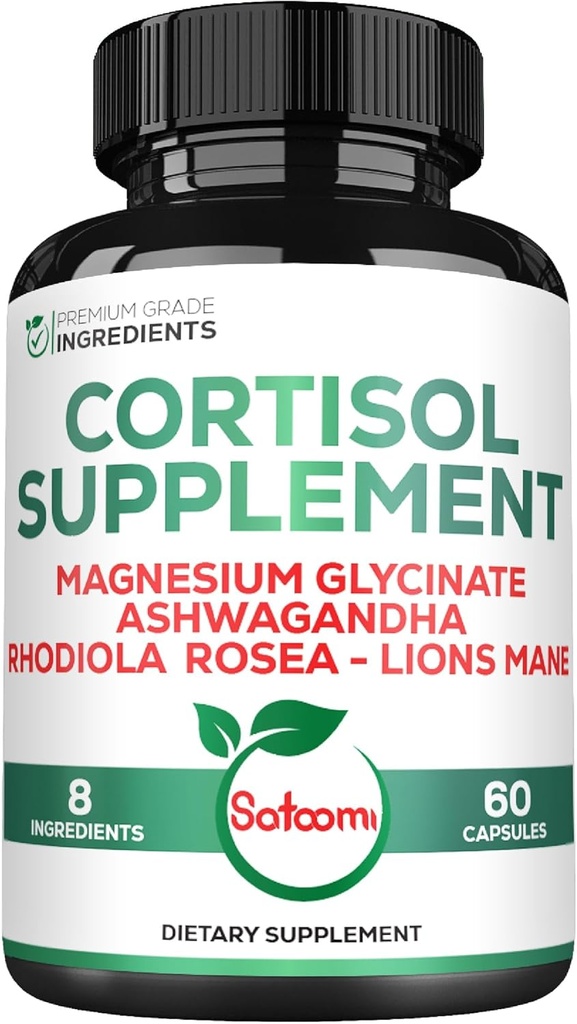 Satoomi 8in1 Cortisol Manager with Magnezyum Glycinate, Ashwagandha, Rhodiola Rosea, Lions Mane & More - Cortisol Version Supplement Men & Women - 60 Capsules