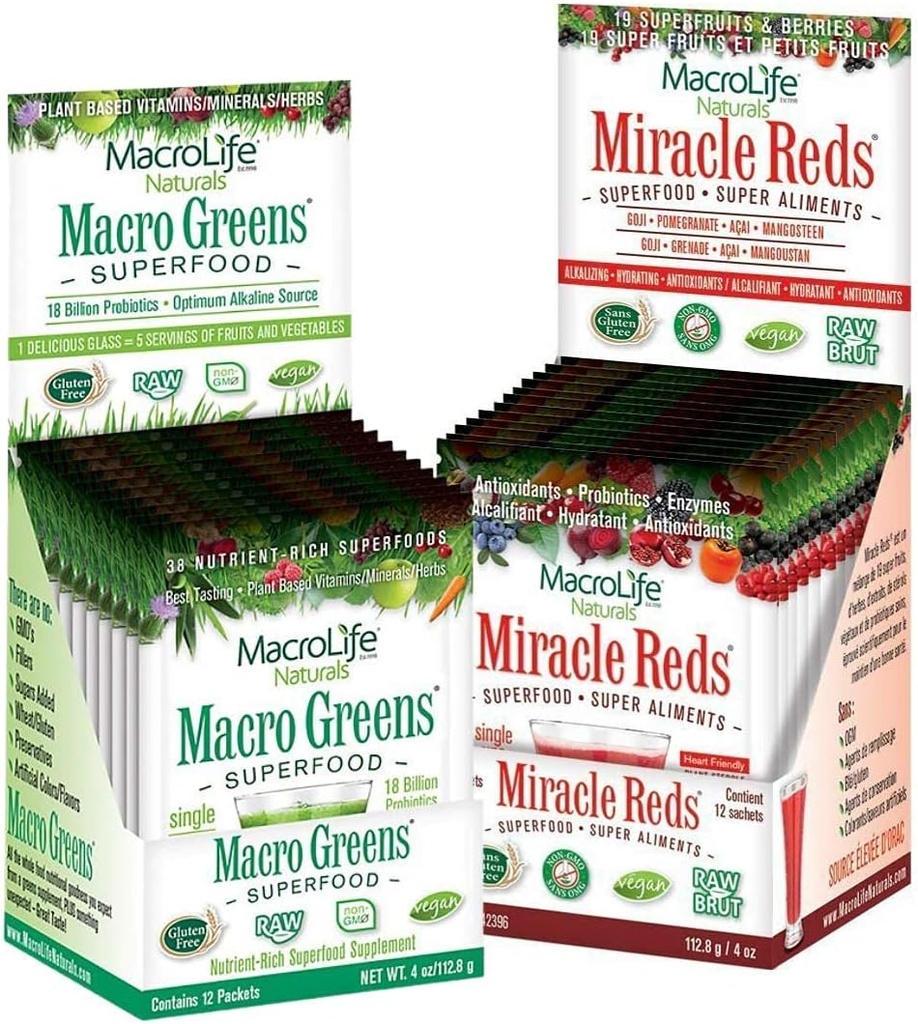 MacroLife Naturals Macro Greens & Miracle Reds Immunity Sche - Superfood Antioxy - Herbal, Meyveler ve Bayanlar Probiyotik Immunity Non-GMO, Vegan, Gluten-Free, Dairy-Free - 24 Packet