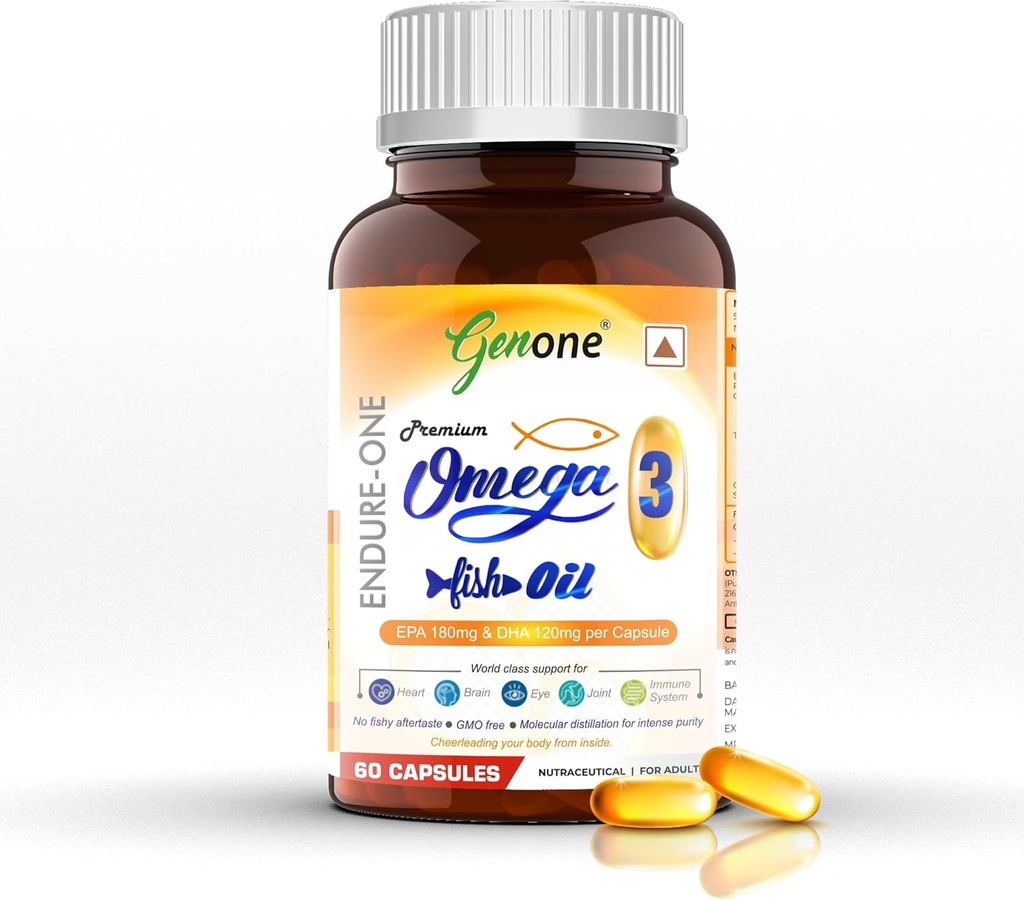 Genone EndureOne Best Omega-3 Fish Oil Capsules for Brain, Heart, Eyes, and Commons Health (Men & Women) 60 Softgels