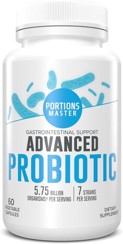 Portions Master Probiotics 5.75 Billion CFU, Daily Probiotic and Organic Prebiotic Supplement for Gut Health, Digestive Support and Immune Balance, Non-GMO, Gluten-Free, Dairy-Free (60 Capsules)