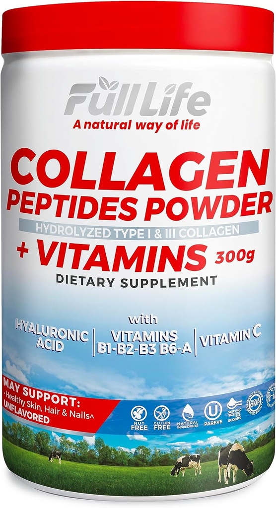 Full Life Collagen Peptides Toz - Bovine Collagen Supplement with Hyaluronic Acid - Kadınlar ve Erkekler için Hidrojek Toz - Kosher, Gluten-Free - 300g