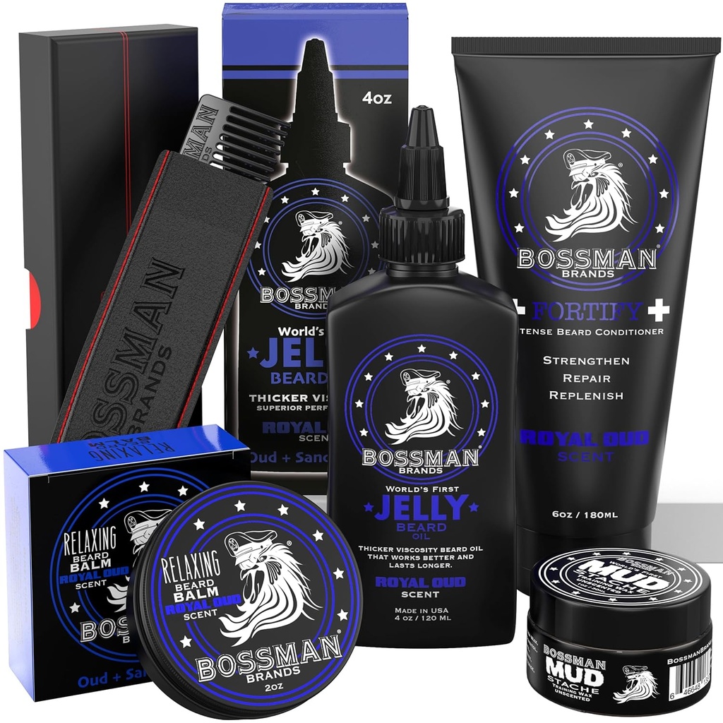 Bossman Complete Beard Kit – Ανδρικό ζελέ, Fortifying Shower Conditioner, Balm, Mustache Wax & Comb – Γυμνός Αποσκληρυντής & Grooming Care – Ανδρικό σετ δώρων (Royal Oud Scent)