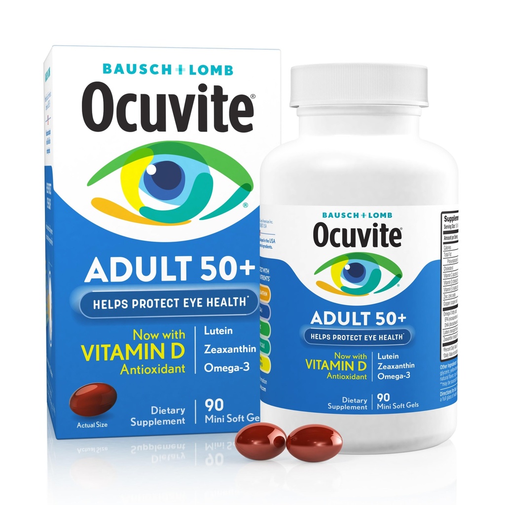 Ocuvite 50+ Eye Vitamin & Mineral Supplement, Omega-3, çinko, C & E, Lutein & Zeaxanthin, kadınlar ve erkekler için çinko Supplements, 90 Softgels