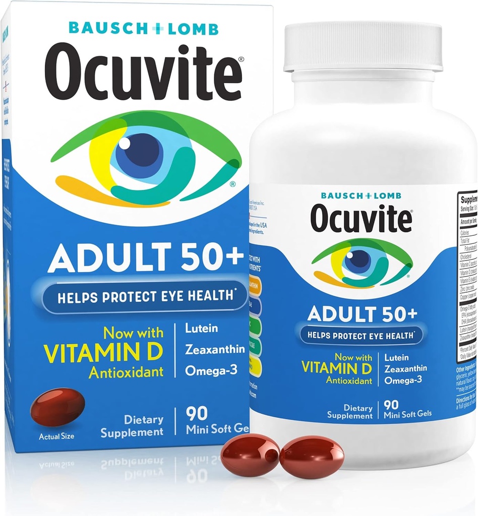Ocuvite 50+ Eye Vitamin & Mineral Supplement, Omega-3, çinko, C & E, Lutein & Zeaxanthin, kadınlar ve erkekler için çinko Supplements, 90 Softgels