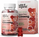 Wild & Organic Panax Ginseng Gummies 1500 mg - Κορεατικό συμπλήρωμα κόκκινο Ginseng - Vegan, μη-GMO σκόνη ρίζας με βάση τα μάσημα - 60 Count