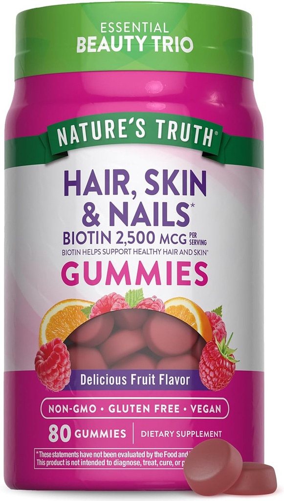Nature's Truth Hair Skin and Nails Gummies | 80 Count | 250006 of Biotin | Vegan, Non-GMO, Gluten Free Supplement | Vitamin for Women & Men