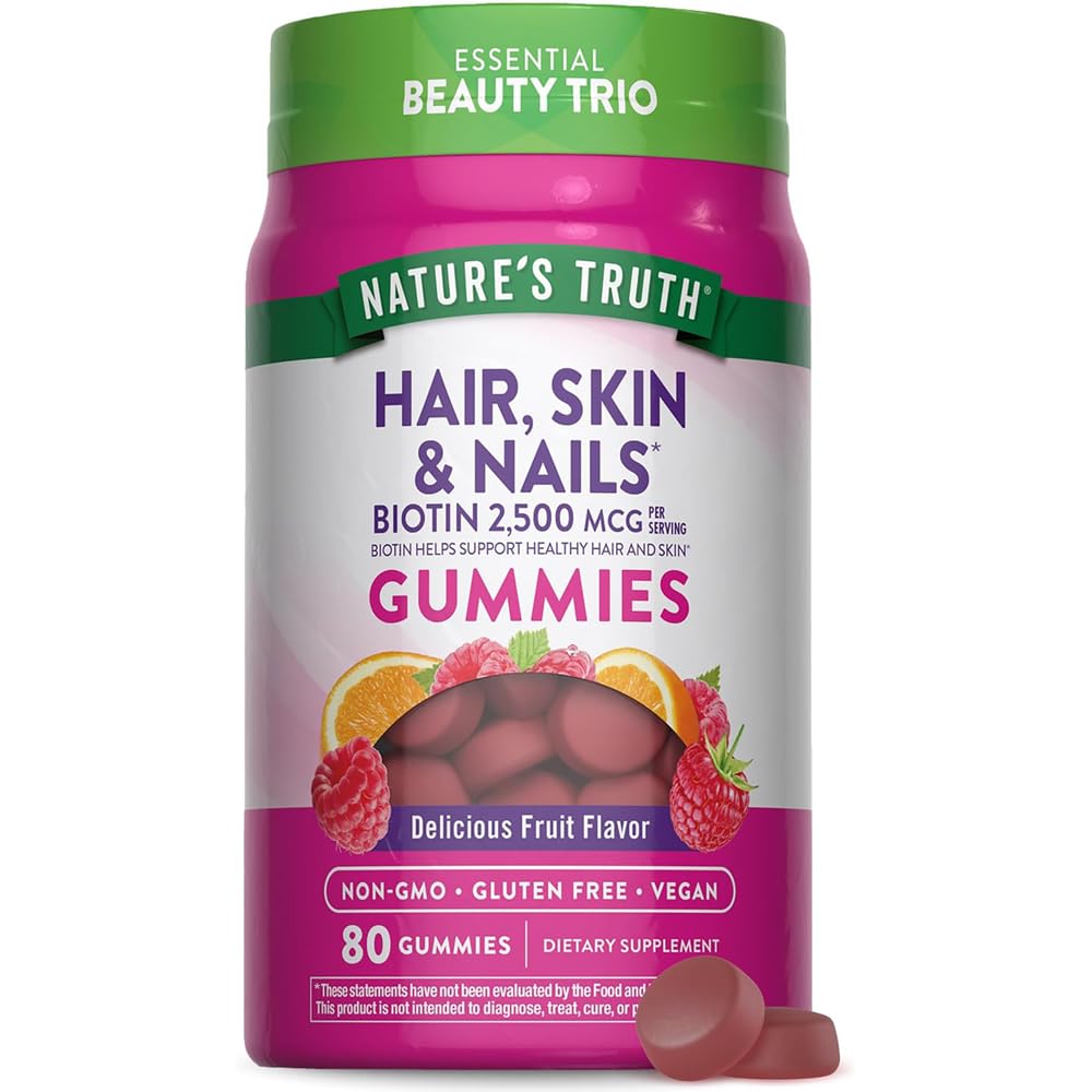 Nature's Truth Hair Skin and Nails Gummies | 80 Count | 250006 of Biotin | Vegan, Non-GMO, Gluten Free Supplement | Vitamin for Women & Men