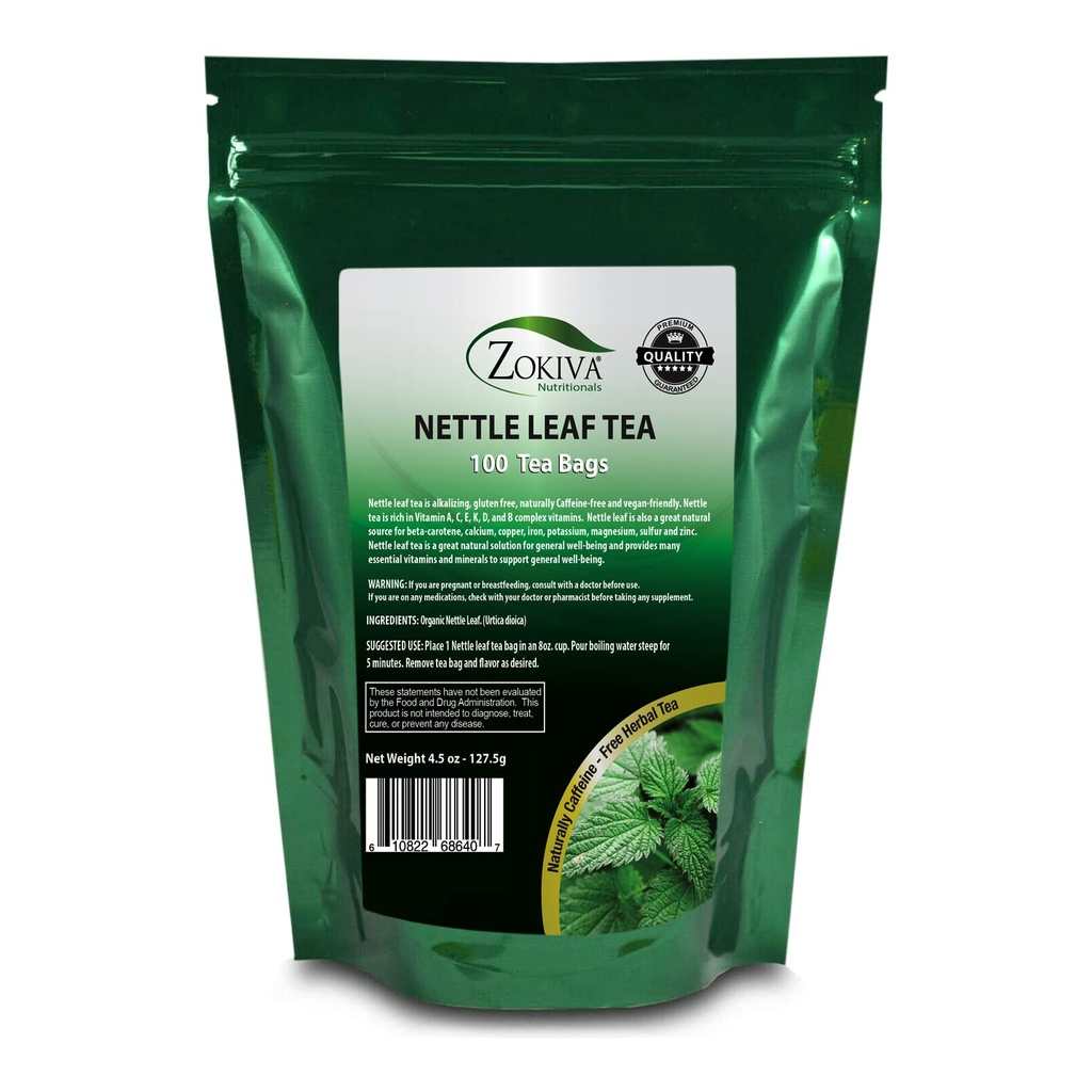Zokiva Beslenmeleri - Nettle Leaf Tea Bag Mega Pack - 100 Premium Quality Organic Herbal Tea Çanta - Caffeine-free and Vegan-friendly In a Resealable Stand Up Zip Lock Pouch