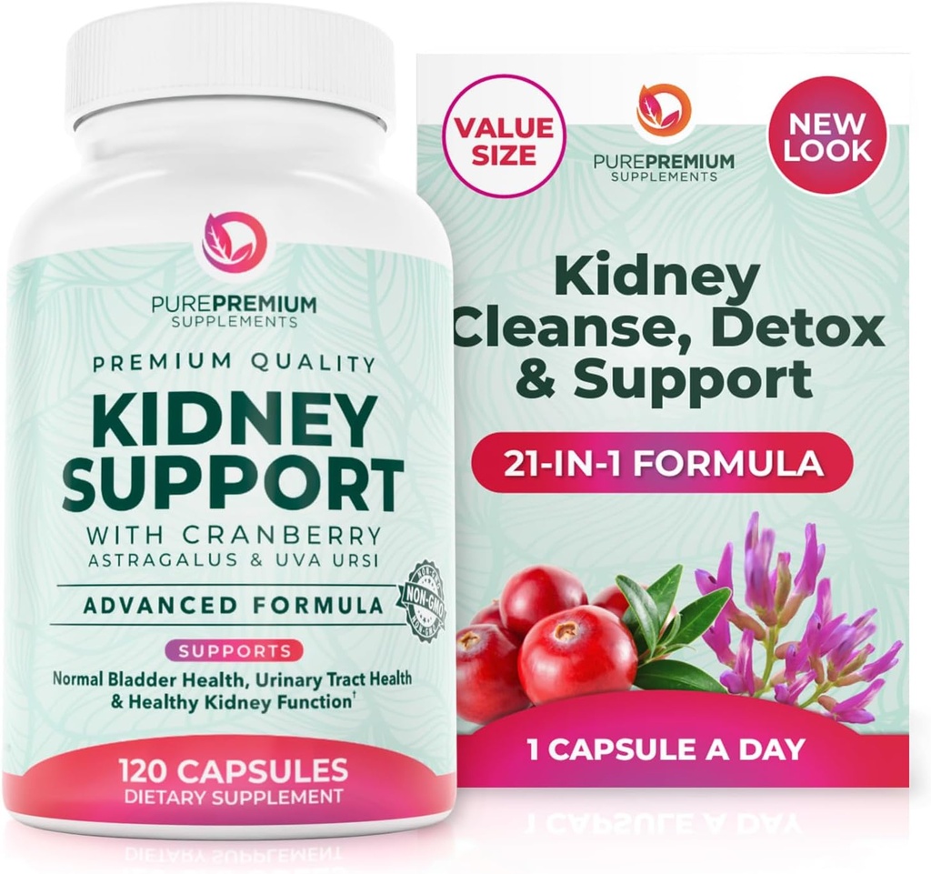 PurePremium Kidney Support Supplement – Kidney Cleanse Detox & Tamir with Cranberry Extract & Astragalus - 21-in-1 Kompleksi Normal Bladder, Urinary Tract & Kidneys Health - 120 Day Supply