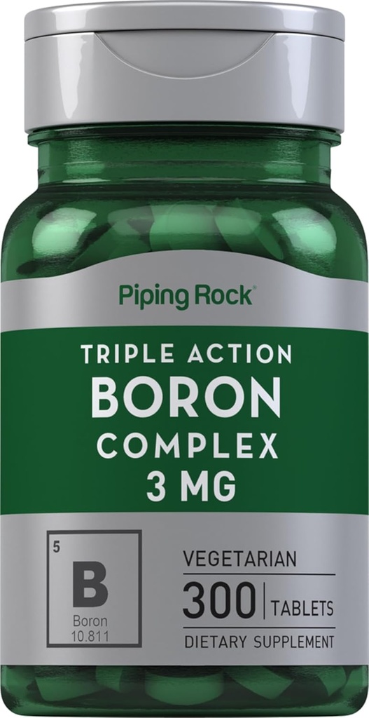 Piping Rock Boron Supplement for Men and Women | 3mg | 300 Tablet | Triple Complex | Glycinate, Aspartate, Citrate | Vegetarian, Non-GMO, Gluten Free