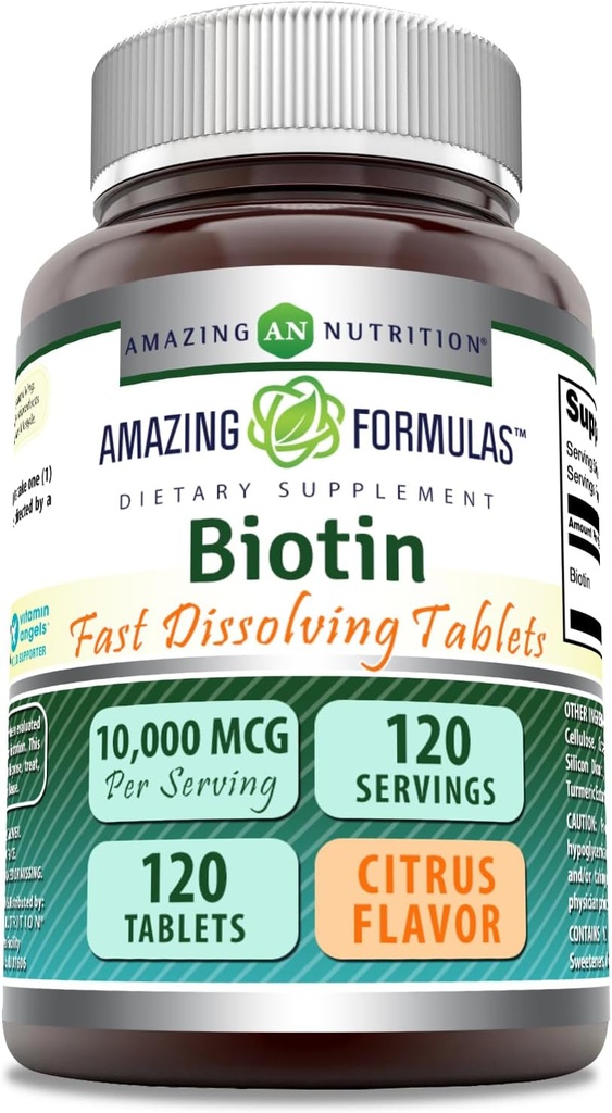 Amazing Formulas Biotin 10,000 mcg | Fast Dissolve Tablets | Non-GMO | Gluten Free Supplement | Made in USA (Citrus | 120 Tablets)