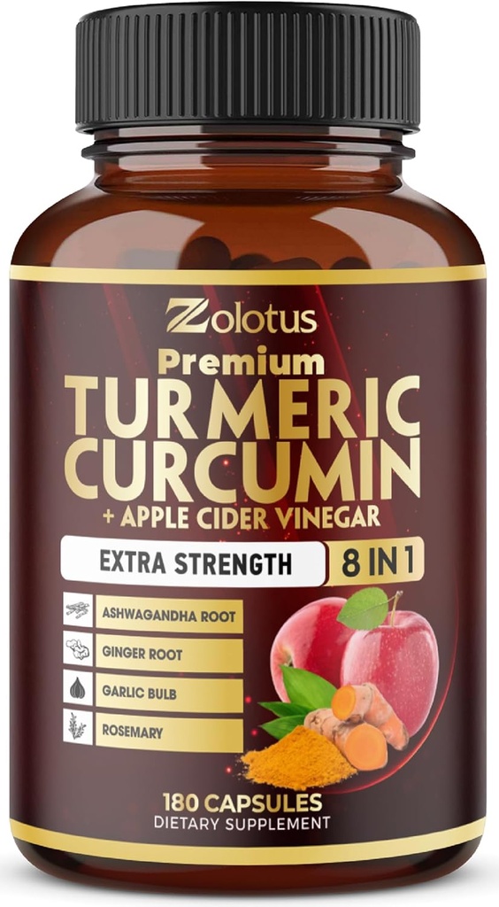 7 in 1 Turmeric Curcumin + Apple Cinder Vinegar Capsules, 6 Ay Supply with Ashwagandha, Ginger, Bulb Bulb, 180 Capsules