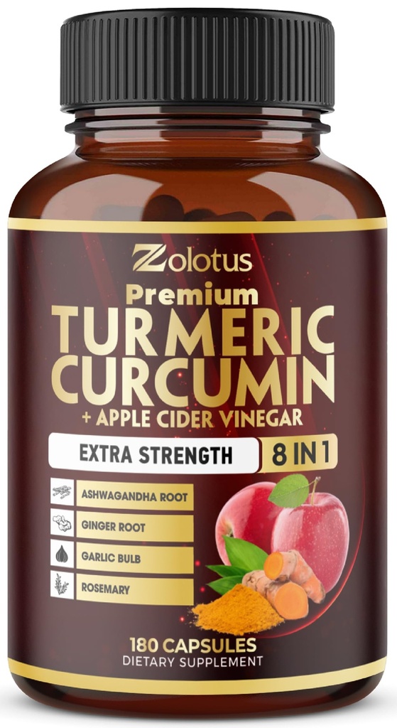7 in 1 Turmeric Curcumin + Apple Cinder Vinegar Capsules, 6 Ay Supply with Ashwagandha, Ginger, Bulb Bulb, 180 Capsules