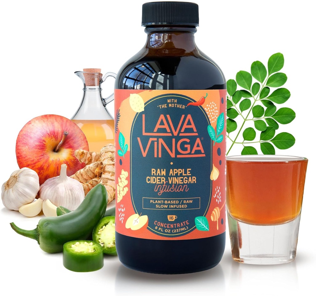 VINGA Lava Raw Apple Cider Vinegar Fire Cider with Cold Pressed Moringa Oleifera, 8 oz., Natural Cold and Flu Remedy ve Immune System Alert, Antioksits Rich Superfood with 92 Essential Nutrients